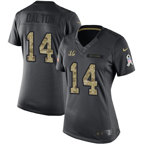 Nike Bengals #14 Andy Dalton Black Women's Stitched NFL Limited 2016 Salute to Service Jersey - Click Image to Close
